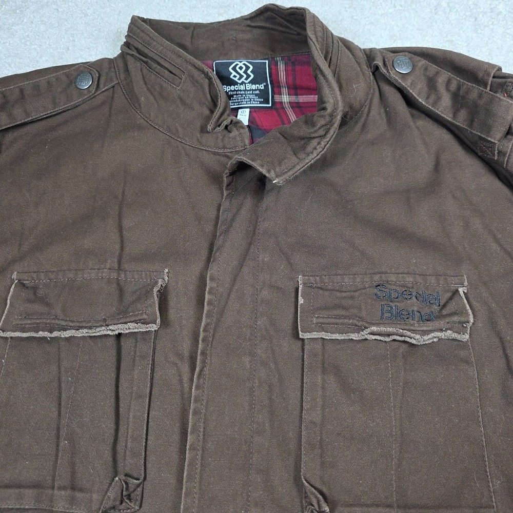 Special Blend Military Field Jacket Mens XL Brown Red Plaid Full Zip Flip Pocket